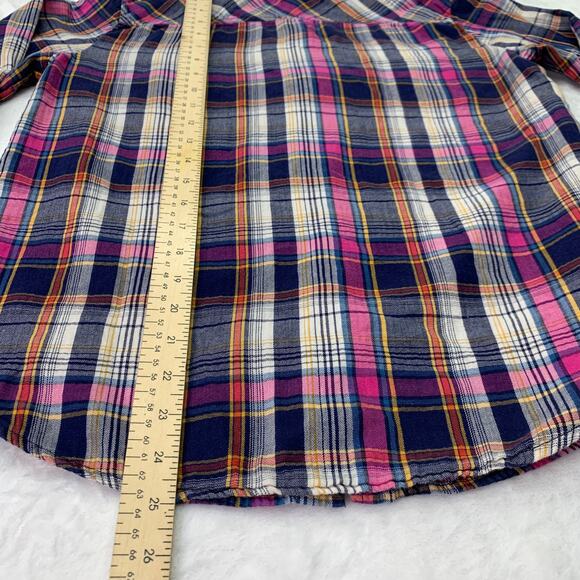 Merona Womens Large Pink Blue Orange Plaid Long Sleeve Cotton Button Up Shirt - Picture 8 of 9